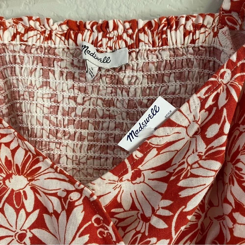 Madewell Abstract Floral Sweetheart Puff Sleeve Linen Blend Wrap Top